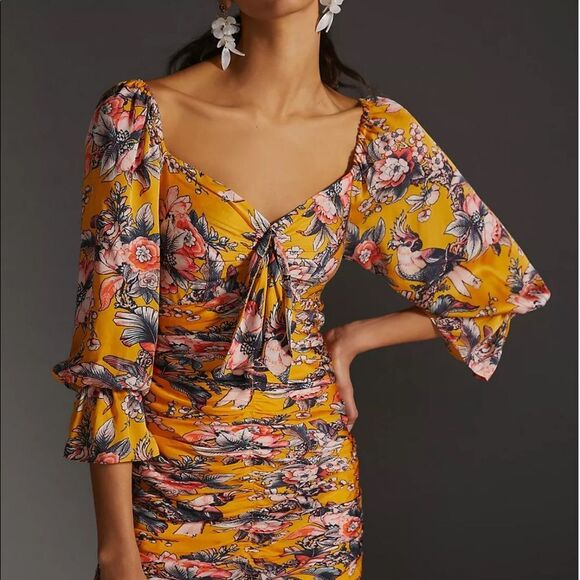 Anthropologie Ranna Gill Ruched Floral Long Sleeve Mini Dress Size XXS NWT - Picture 4 of 13